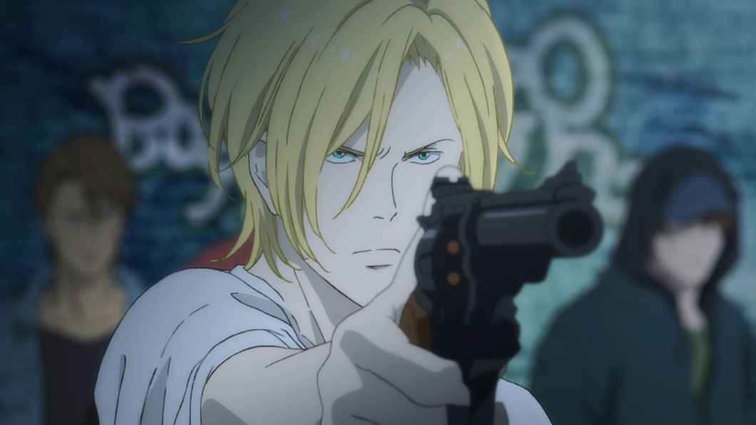 Ash Lynx pointing a handgun in the official episode 1 promotional still