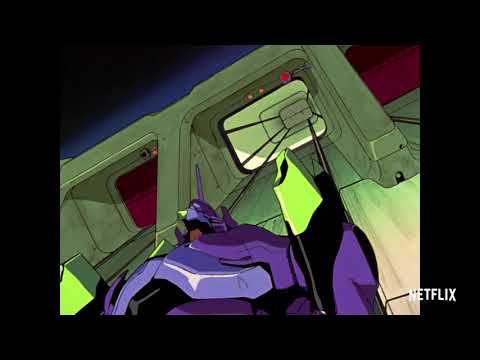 Evangelion Unit-01 inside NERV’s mechanical launch infrastructure in the original television anime; official Netflix announcement preview still
