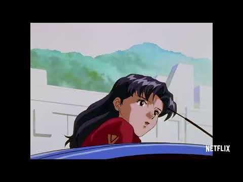 Misato Katsuragi at her car in the original Neon Genesis Evangelion television anime; official Netflix trailer preview still