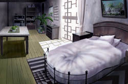A bed and window in an Old Home bedroom; setting image from the official Haibane encyclopedia