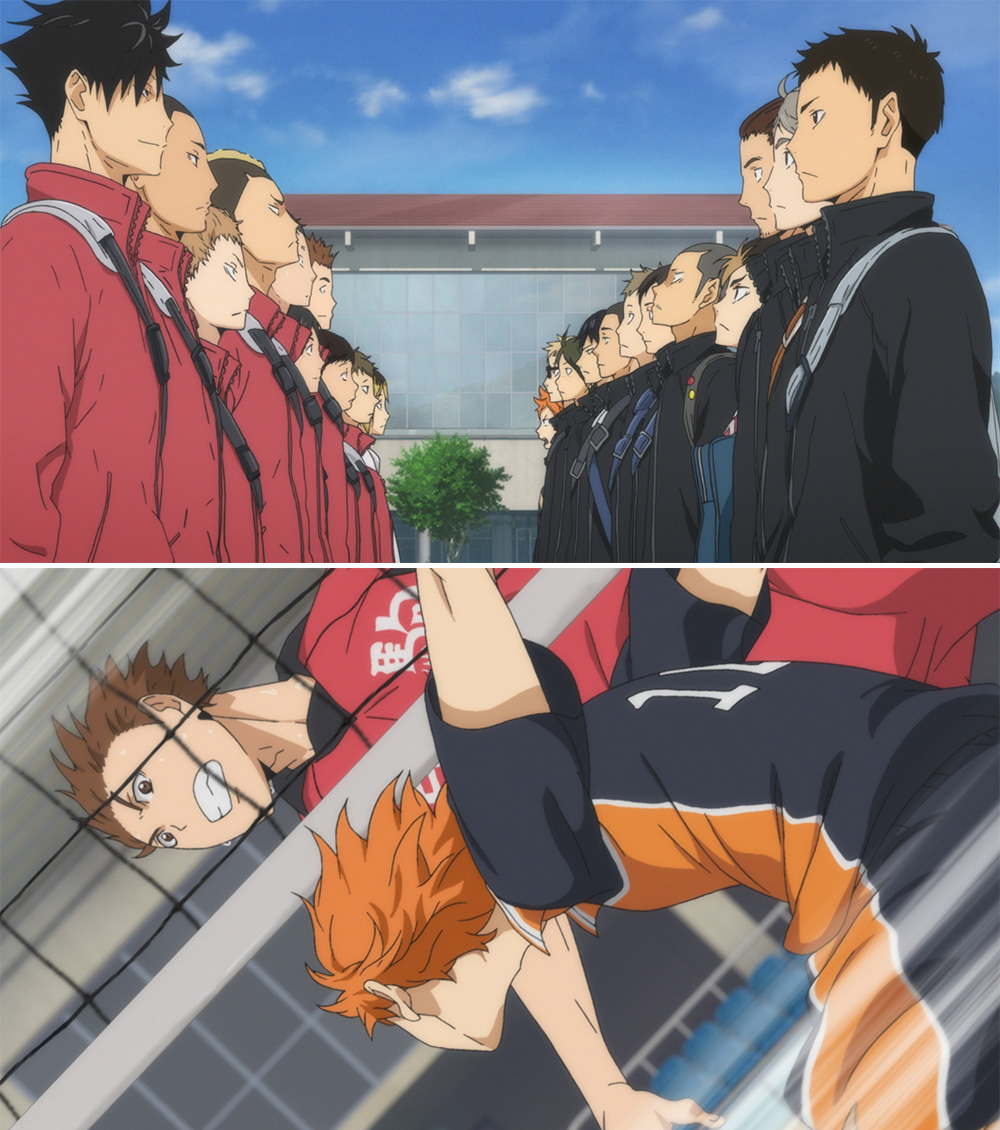 Karasuno and Nekoma players facing one another, with Hinata in a volleyball action scene below; official first-season Haikyu recap montage