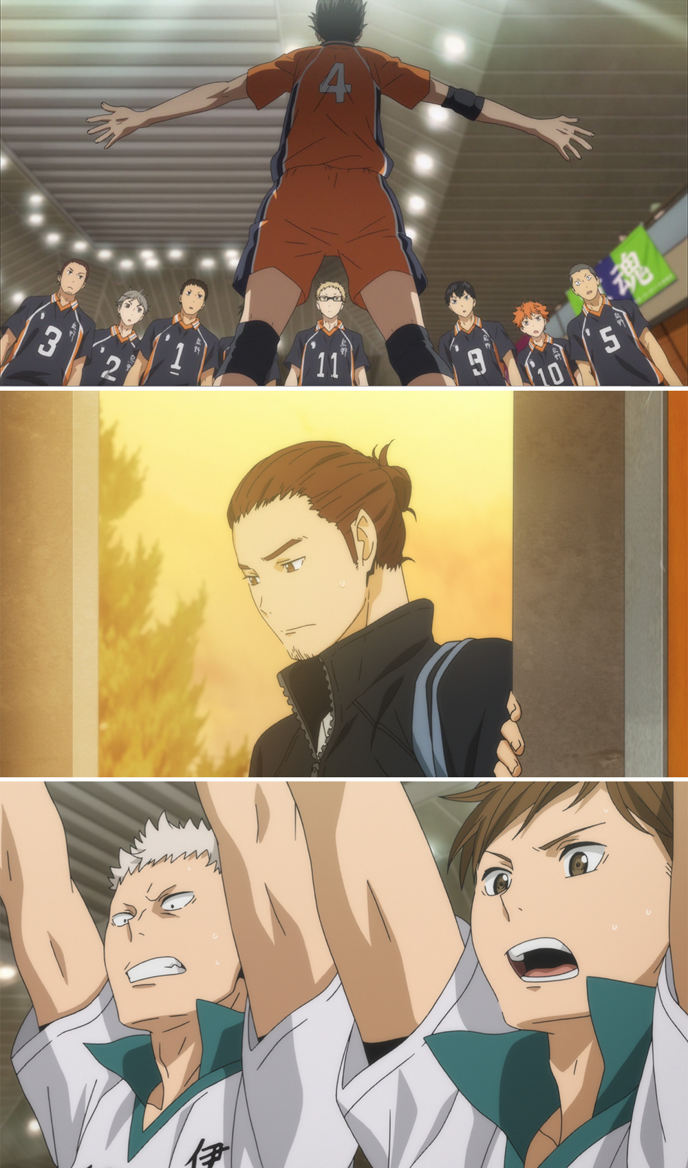 First-season Karasuno team/gym montage, including Daichi Sawamura in the center panel; official Haikyu first-season recap artwork