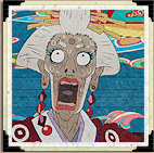 A frightened elderly woman against a patterned interior; official 2007 Mononoke episode 2 image