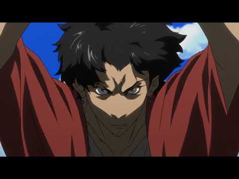 Mugen raising his arms in the original Samurai Champloo anime; preview still from Crunchyroll Dubs’ verified official trailer