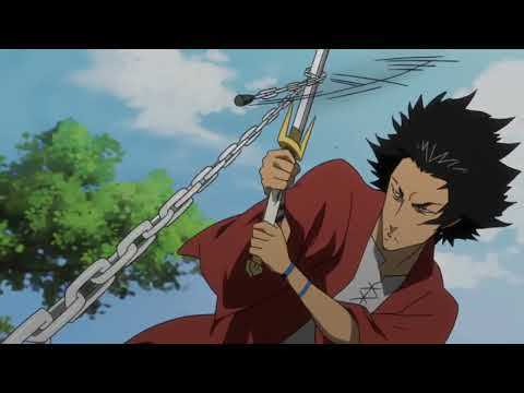 Mugen in a chain-and-sword action scene in the original Samurai Champloo anime; official Crunchyroll Dubs trailer preview still