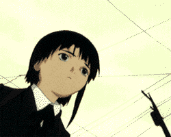 Lain Iwakura looking upward in a school uniform; original television anime promotional still