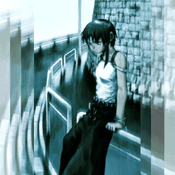 Lain Iwakura with computer equipment and cables in the original television anime’s official site illustration