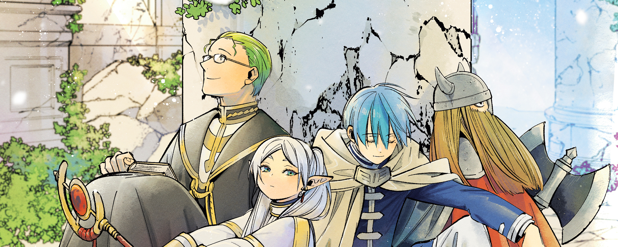 Frieren, Himmel, Heiter and Eisen in the official manga series promotional header